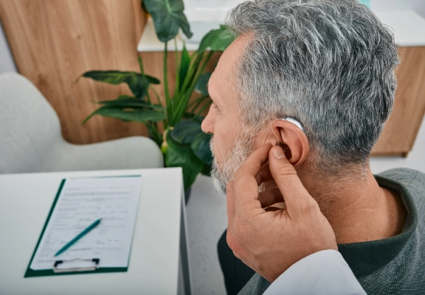 pensioner having hearing aid adjusted